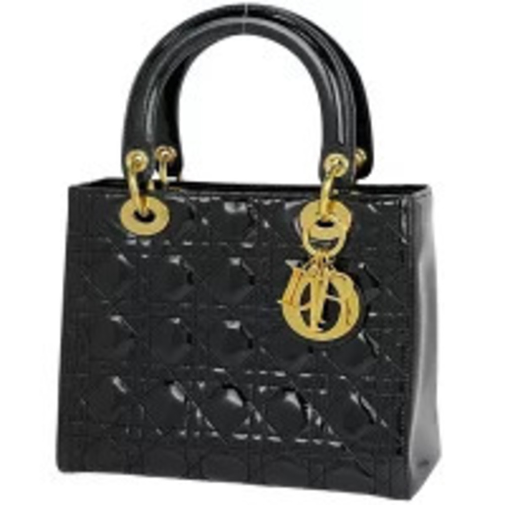 Christian Dior Lady Cannage Enamel Handbag Patent Vernis Leather Black